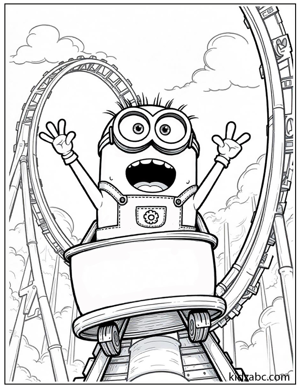 A Minion screaming with joy, hands in the air, in the first cart of a looping roller coaster.