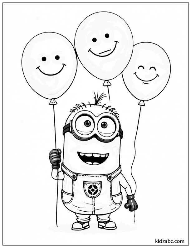 A cheerful Minion holding a bunch of balloons with happy faces