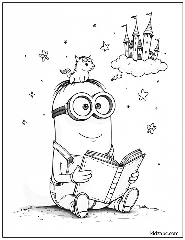 A cute Minion sitting and reading a big fairy tale book with a happy smile.