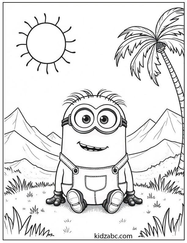 A cute minion sitting happily on the grass with a big smiling sun in the sky.