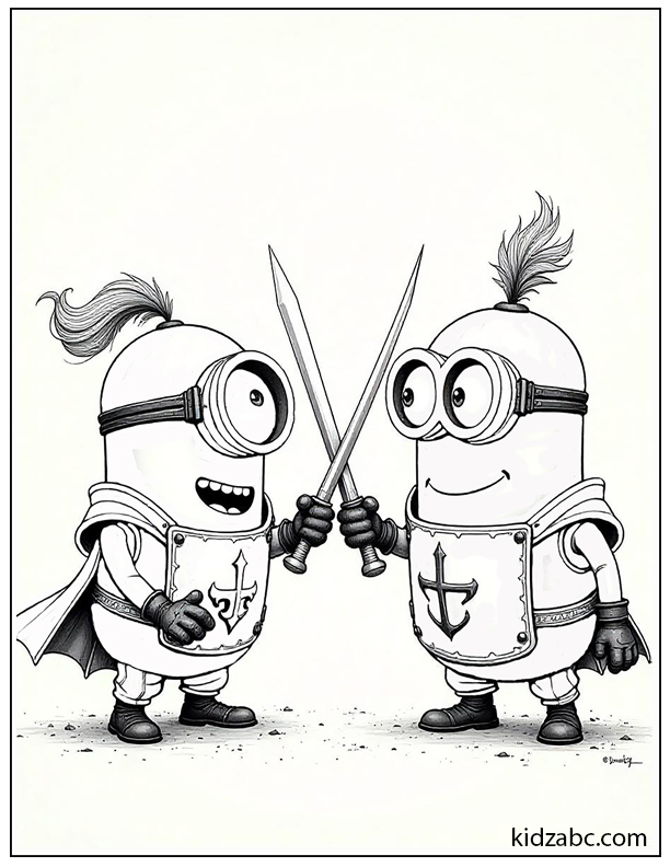 A group of Minions dressed as knights, sword-fighting with spoons