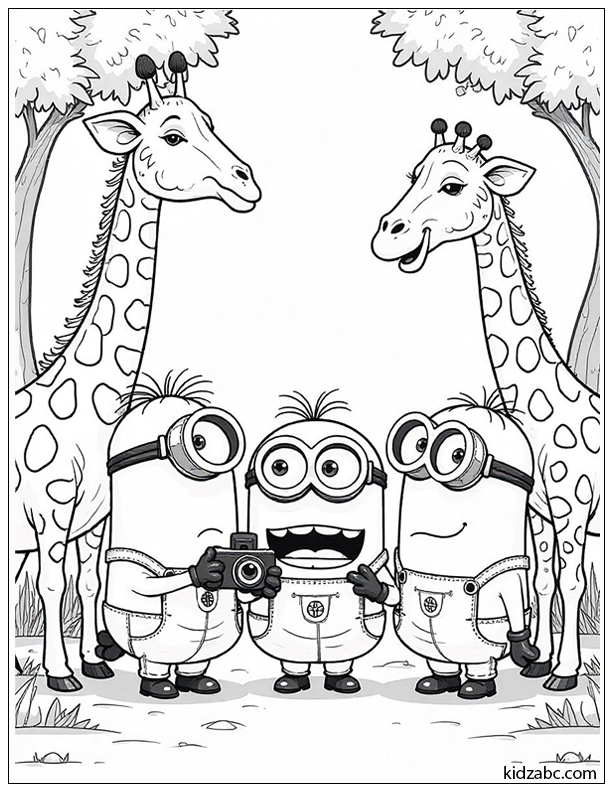A group of funny Minions visiting the zoo, taking selfies with cute animals like monkeys, penguins, and giraffes.