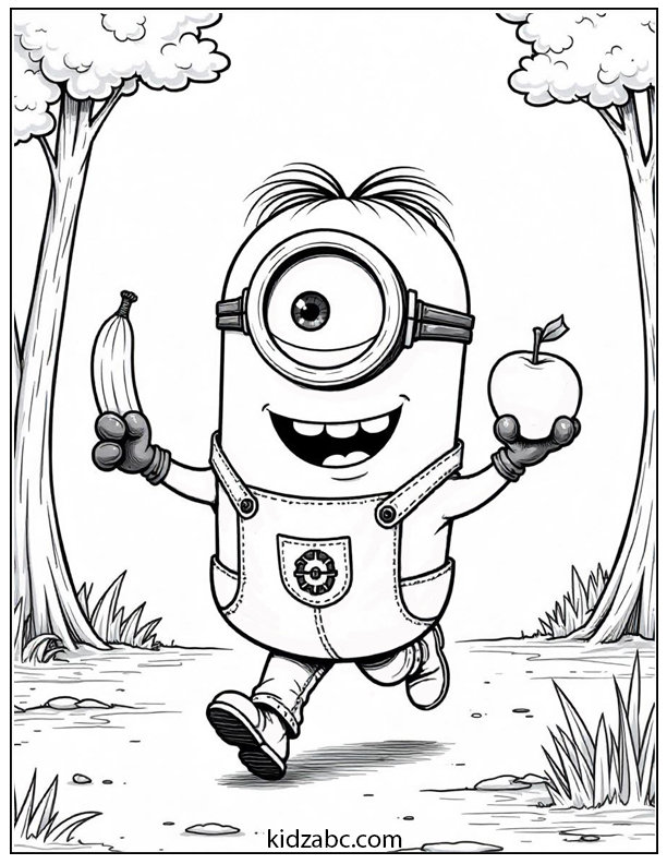 A happy minion expression holding a banana in one hand and an apple in the other.