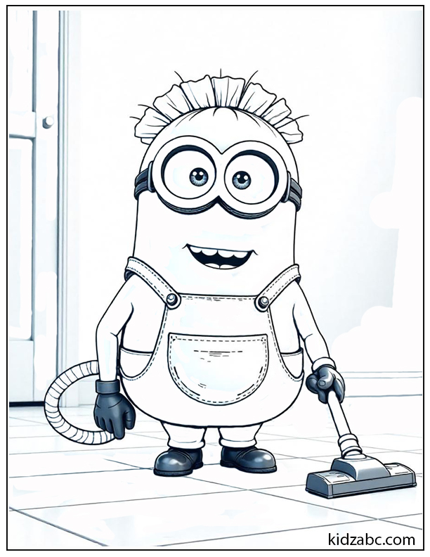 A minion wearing a maid outfit, happily cleaning the floor using a vacuum cleaner.