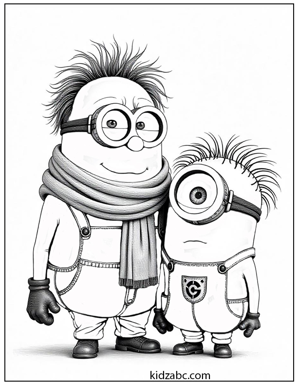 An illustration of Gru wearing his signature scarf, standing next to a one-eyed minion with large messy hair.