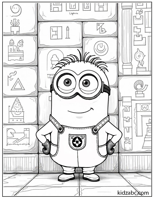 An illustration of a cheerful minion posing in front of an ancient Egyptian-style hieroglyph wall.