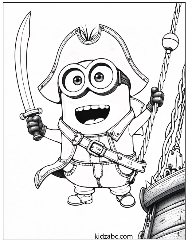 An illustration of a one-eyed minion dressed as a pirate, swinging on a rope and holding a sword aboard a pirate ship.
