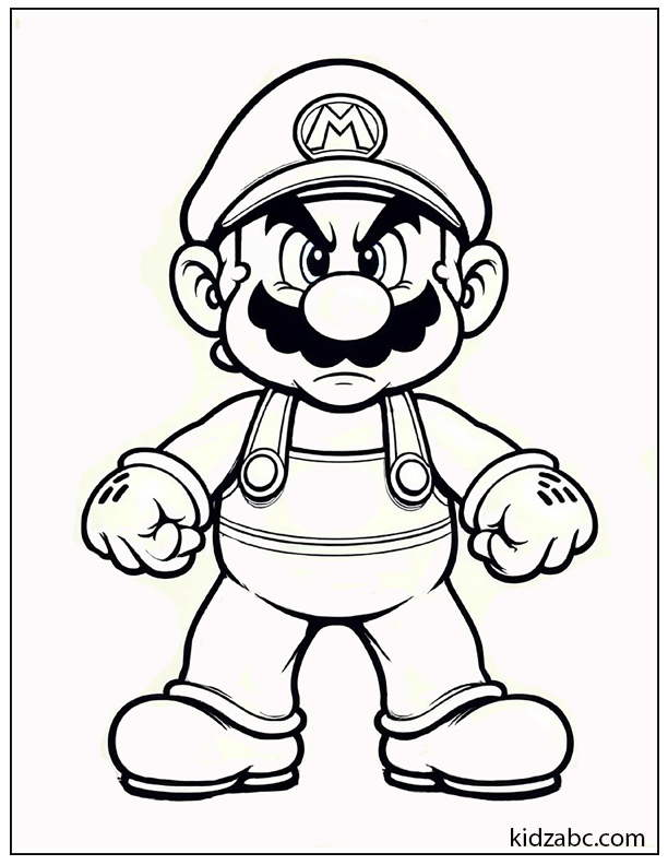 Angry Mario standing in a powerful pose coloring page