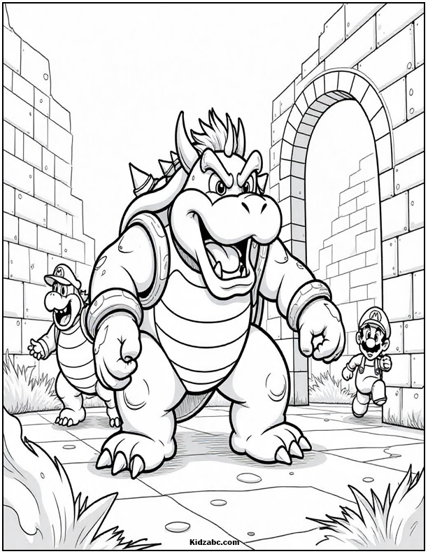 Bowser, Mario, and Luigi prepare for battle in castle ruins.