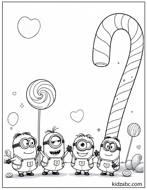 Cute Minions surrounded by giant candy canes, lollipops, and jelly beans.