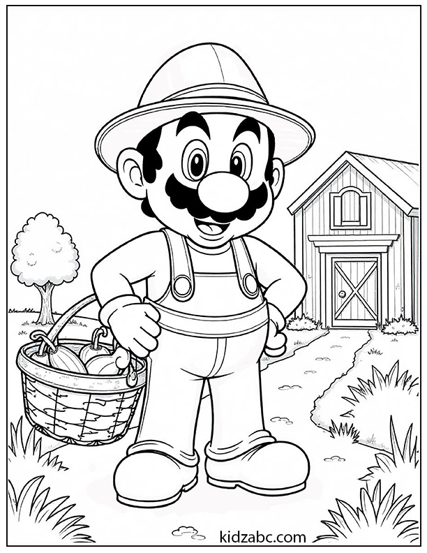 Happy farmer Mario is standing on a farm coloring page