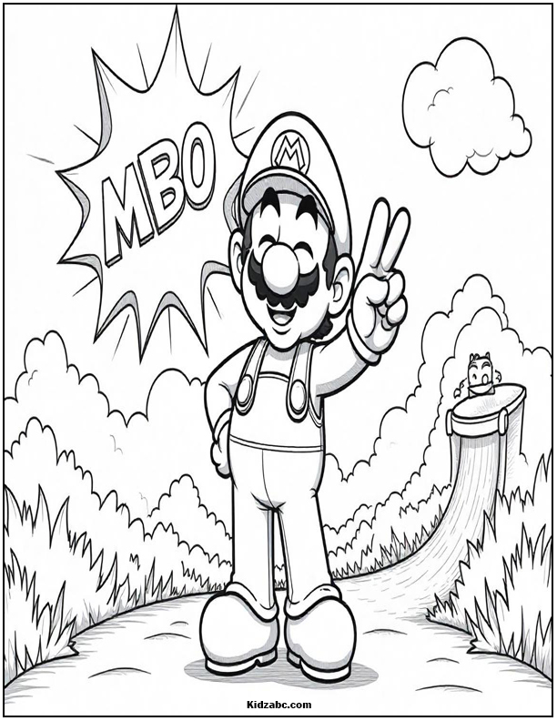 Mario Greets with Peace Sign, 'MBO!' Bubble, Coloring Page Fun.