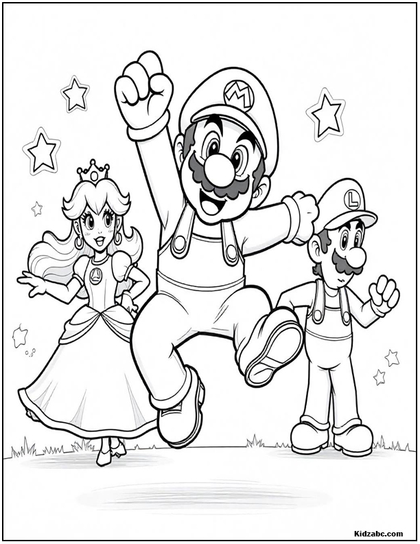 Mario, Luigi, and Peach celebrate happily with stars in background.
