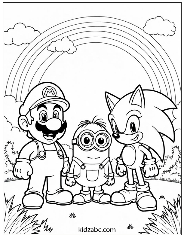 Mario, Minion, and Sonic under a rainbow in a field
