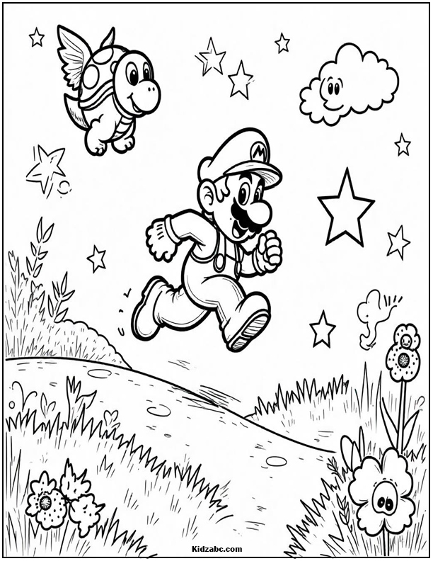 Mario Runs Through Field with Flying Turtle and Stars.