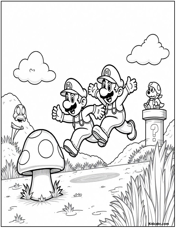 Mario and Luigi jump over a mushroom with Toad nearby.