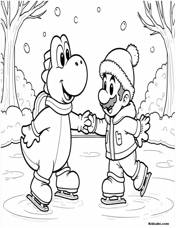 Mario and Yoshi ice skating together in a snowy winter wonderland.