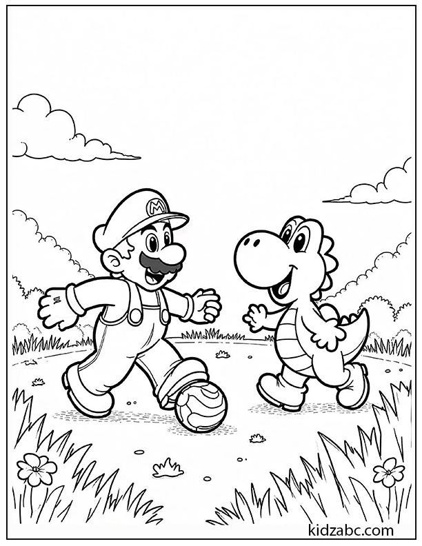Mario and Yoshi playing with a ball in an open field coloring page