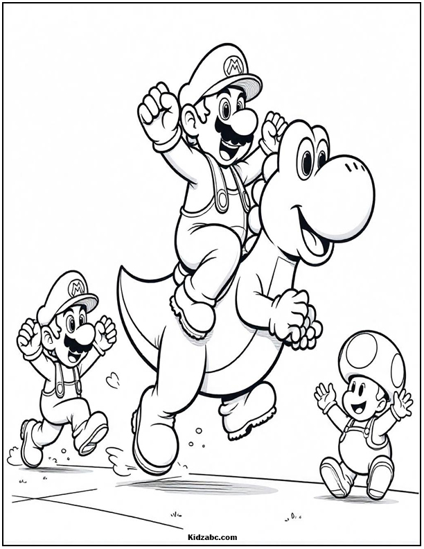 Mario and Yoshi race, Toad cheers them on happily.
