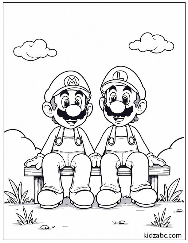 Mario and his brother Luigi sitting on a bench coloring page