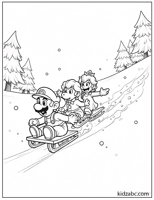 Mario and his friends sliding down a snow hill  coloring page