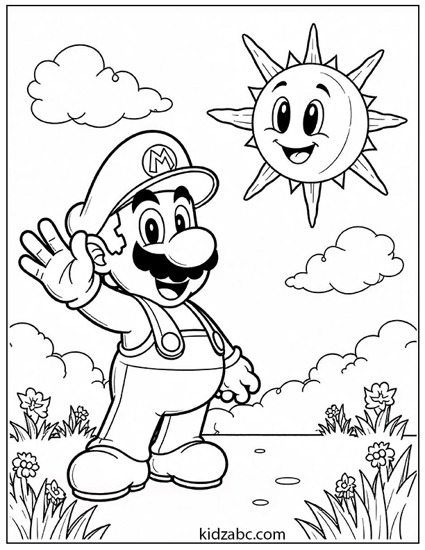 Mario and the sun is smiling coloring page