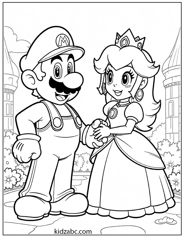 Mario and with princess coloring page