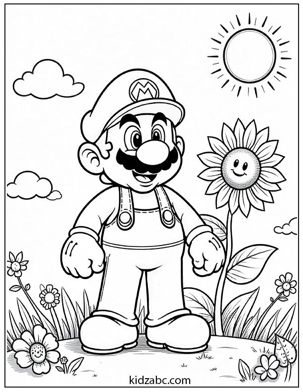 Mario coloring page with sunflower, sun, clouds, and flowers