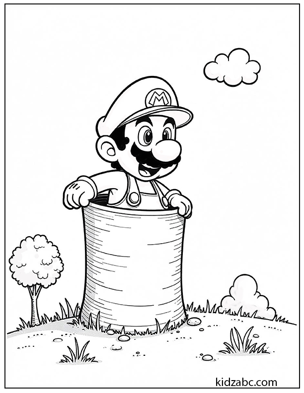 Mario coming out of a pipe with a happy expression coloring page