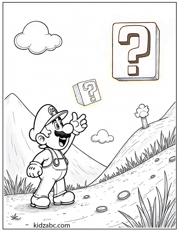 Mario exploring and looking up at floating question coloring page