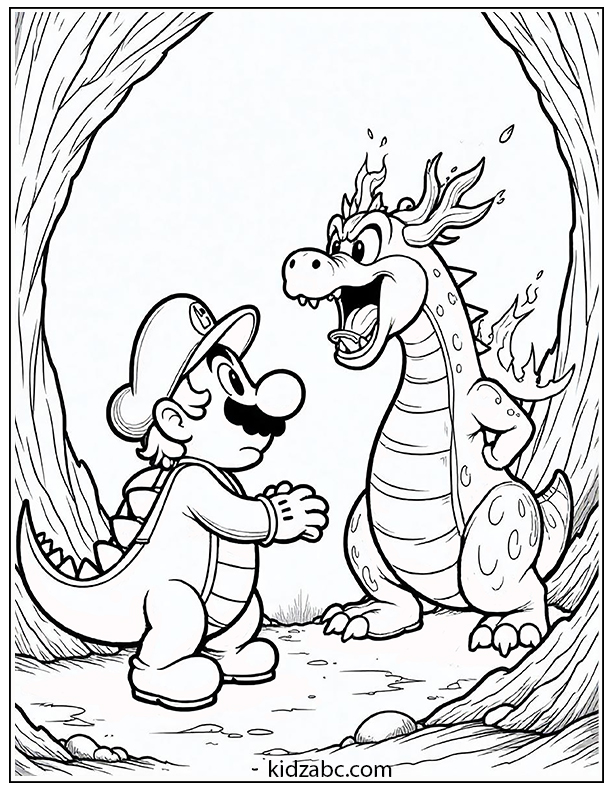 Mario fighting an angry dragon coloring page