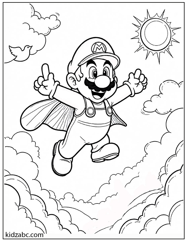 Mario flying in the sky coloring page