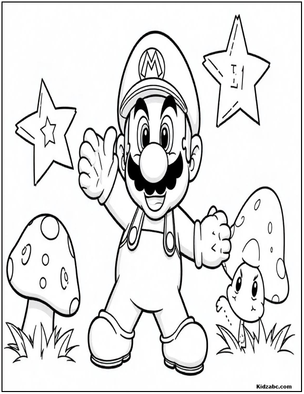 Mario gives a thumbs up with stars and friendly mushrooms.