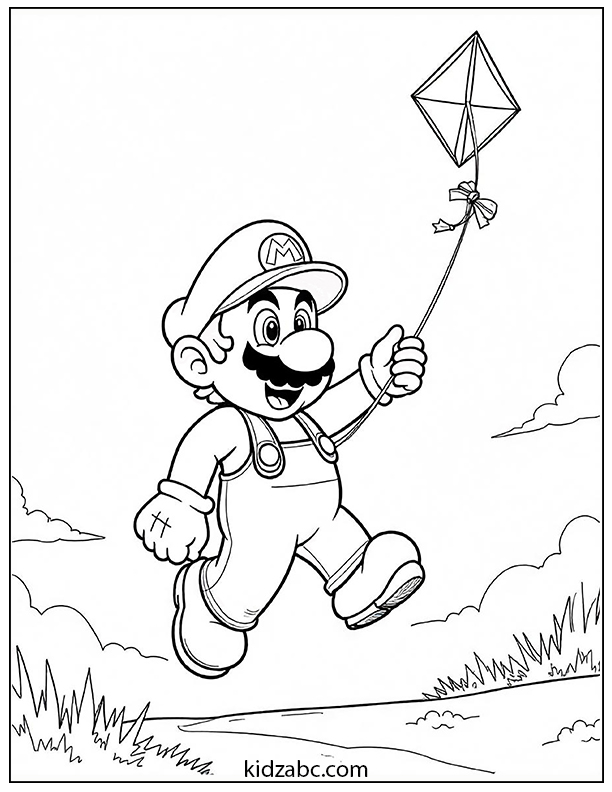 Mario happily flying a kite in the sky coloring page