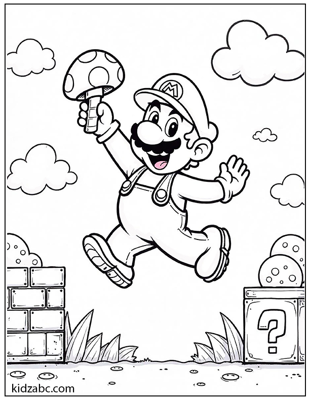 Mario happily jumping in the air while holding a mushroom coloring page