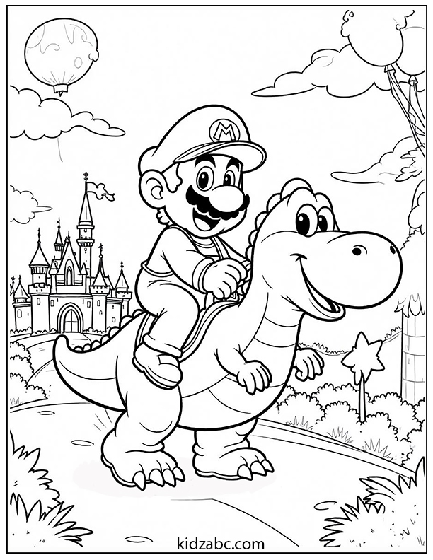 Mario happily riding a friendly cartoon dinosaur through Disneyland coloring page