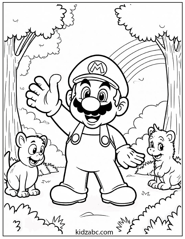 Mario happily waving hello behind rainbow coloring page