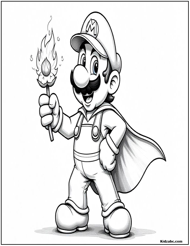 Mario, holding a fire flower and wearing a cape, smiles.