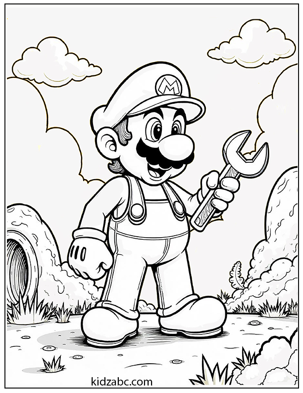 Mario holding a wrench and standing coloring page