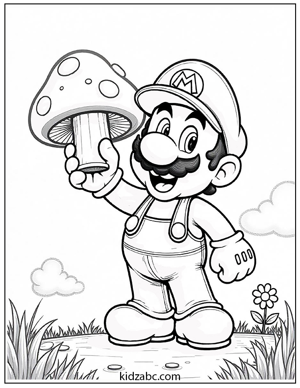 Mario is happily holding a big Super Mushroom coloring page