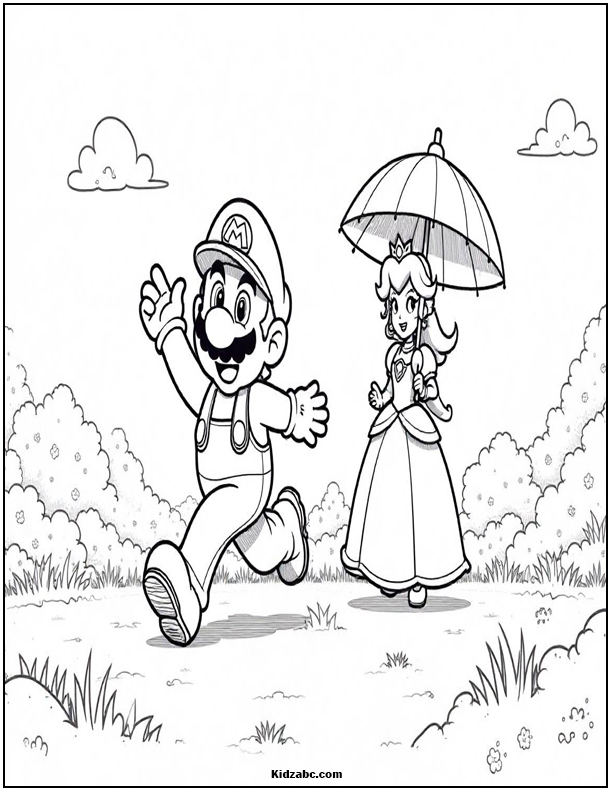 Mario joyfully runs, Princess Peach follows with her lovely umbrella.