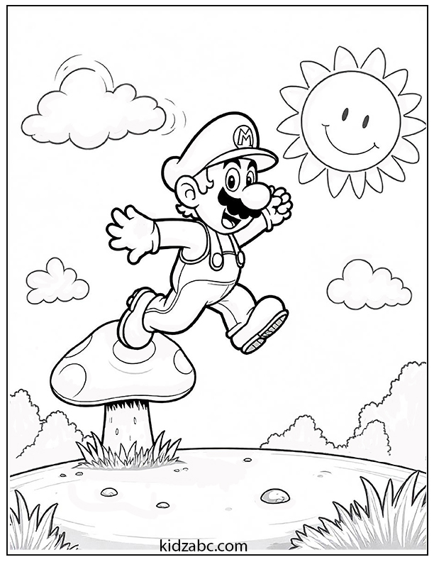 Mario jumping over a mushroom with a smiling star coloring page
