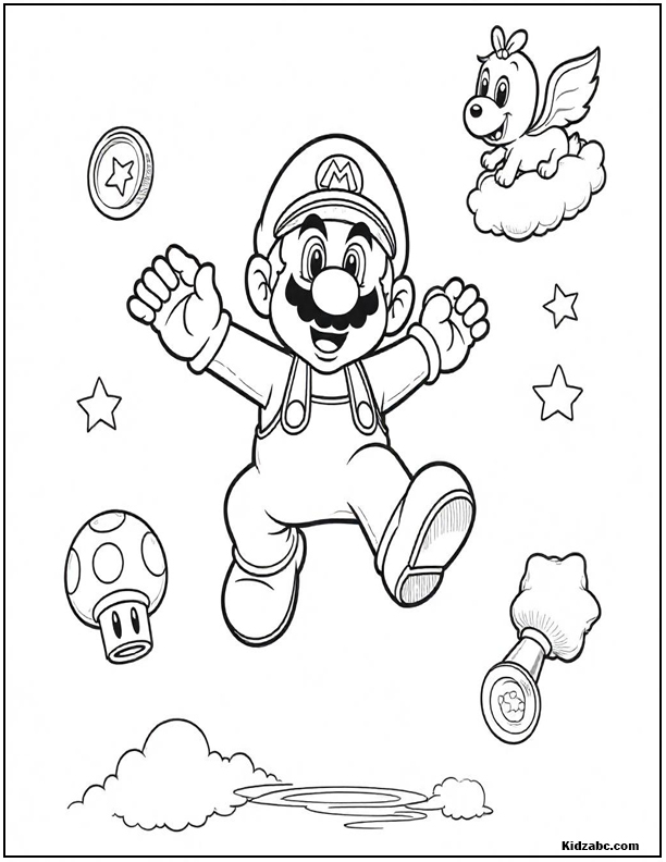Mario jumps joyfully  with friends 