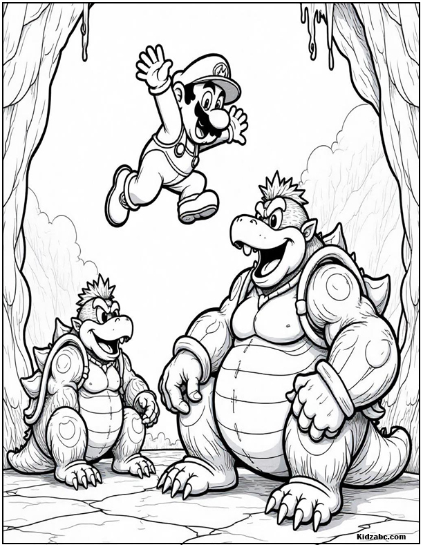 Mario jumps over two Koopa Troopas in a cave
