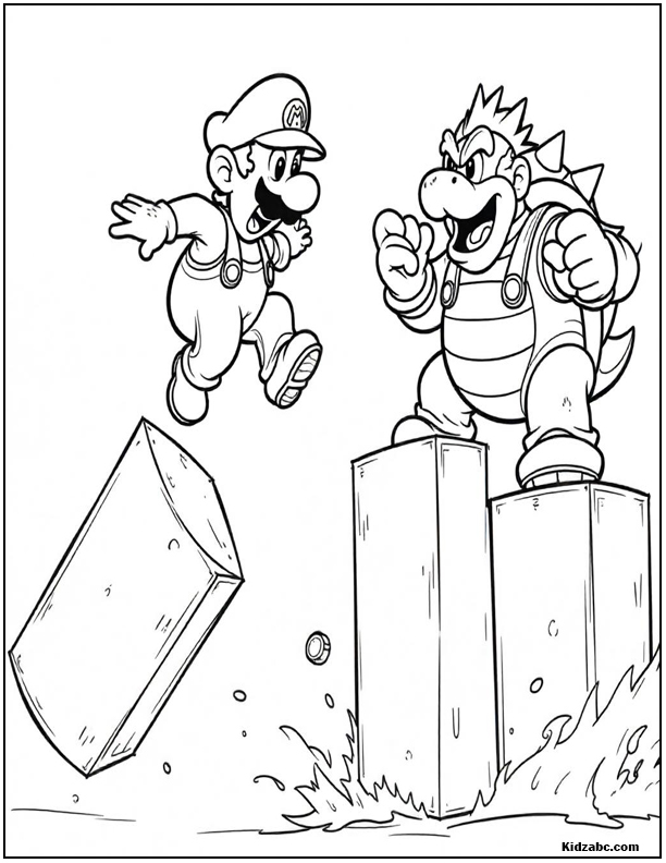 Mario jumps towards Bowser who stands on crumbling stone pillars
