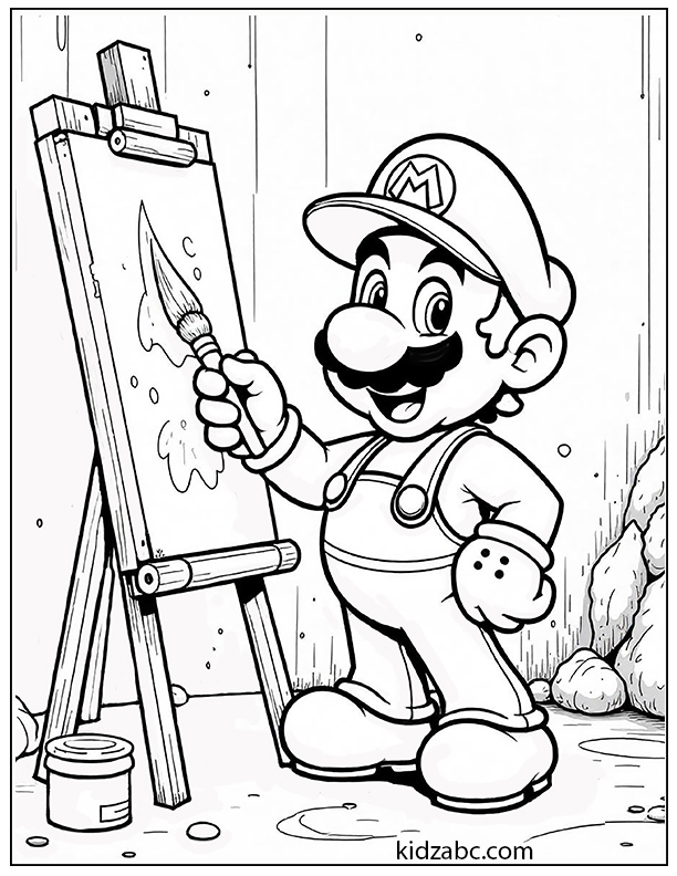 Mario painting on a canvas with a brush coloring page