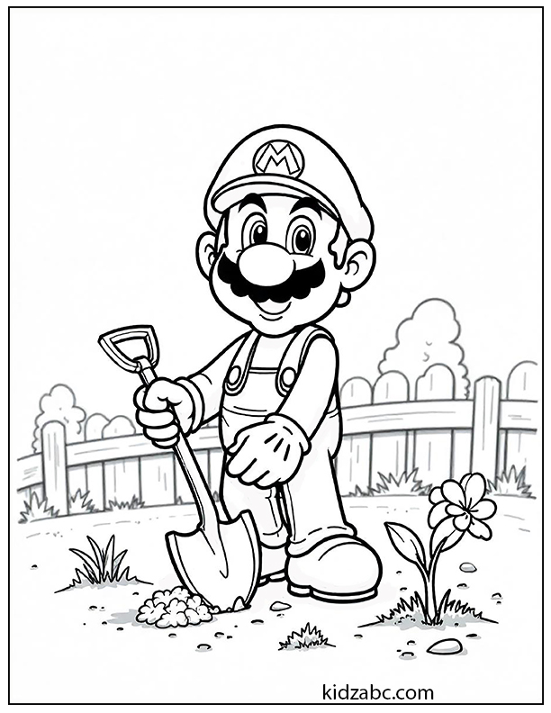 Mario planting a tree in a garden coloring page