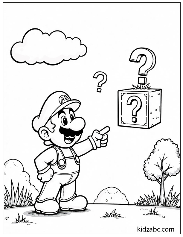 Mario pointing at floating question blocks with mushrooms coloring page