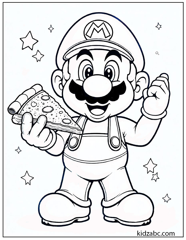 Mario proudly presents a delicious slice of pizza to enjoy