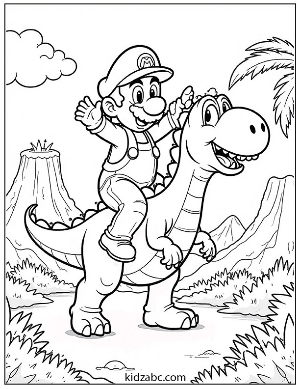 Mario riding a friendly dinosaur coloring page